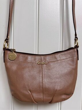 Coach Ashley Mini Swingback in Bronze Metallic Leather. 8” by 5” by 2”